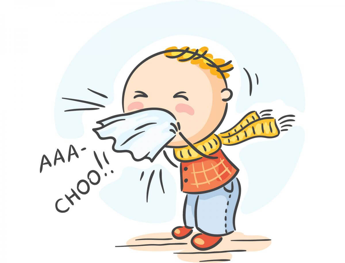 Cartoon character sneezing into tissue